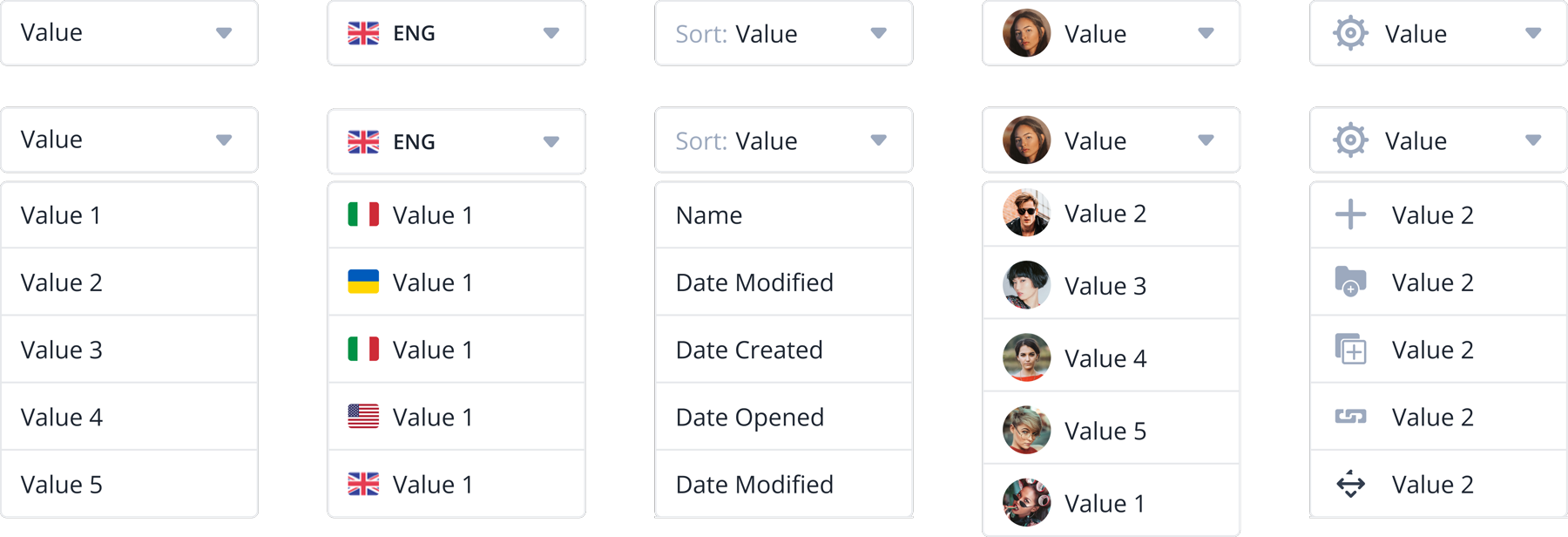 Dropdown component variants — basic, language/flag, sort, user/avatar, and icon+action types, each shown open and closed
