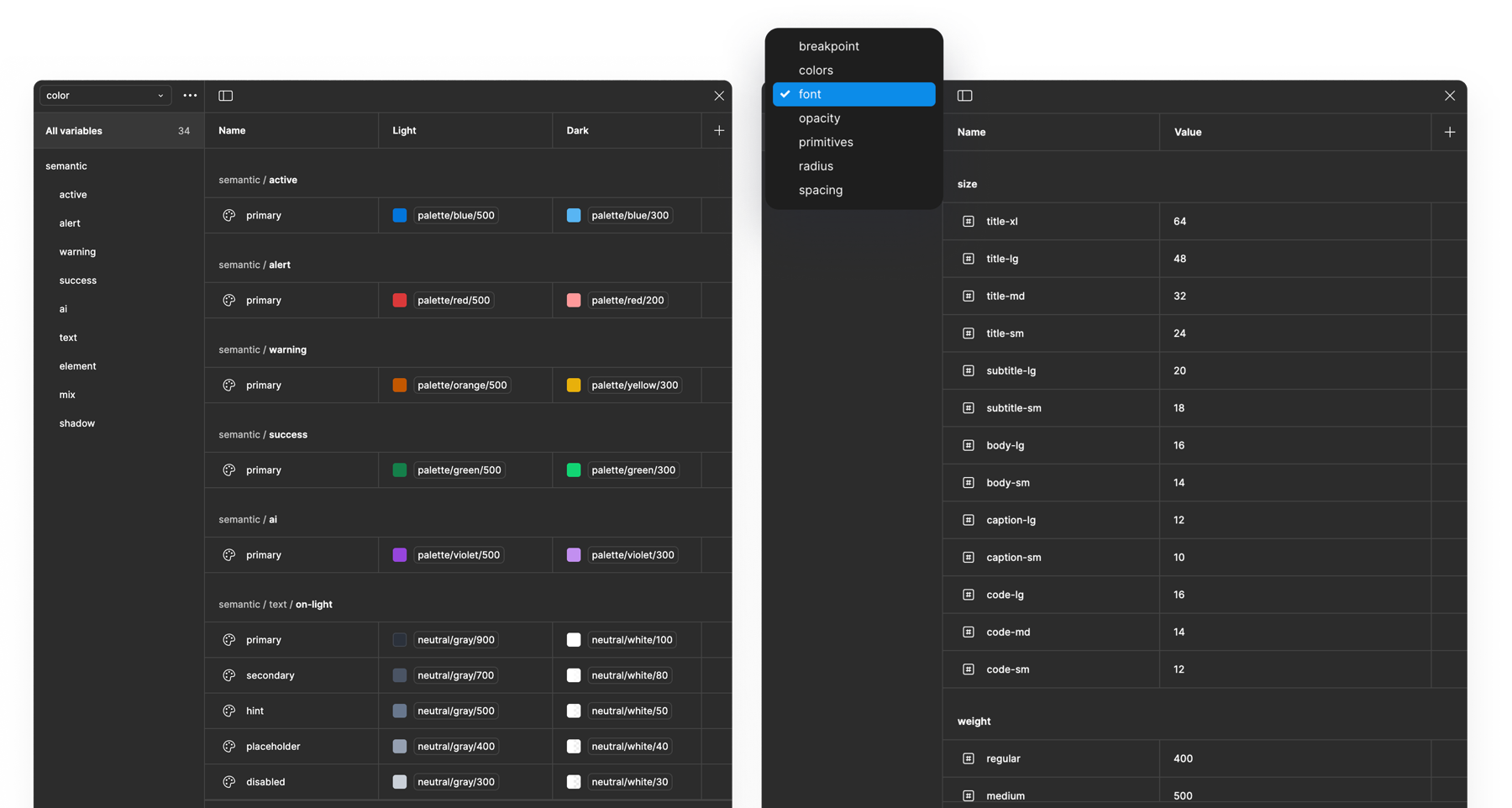 Design token architecture — semantic colour tokens with light/dark values and size/typography scale in Figma