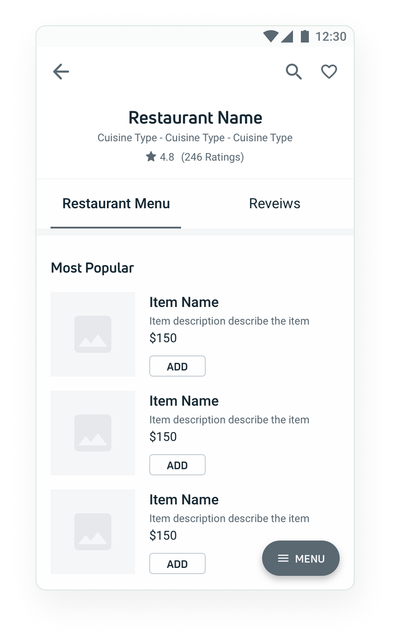 Restaurant page wireframe