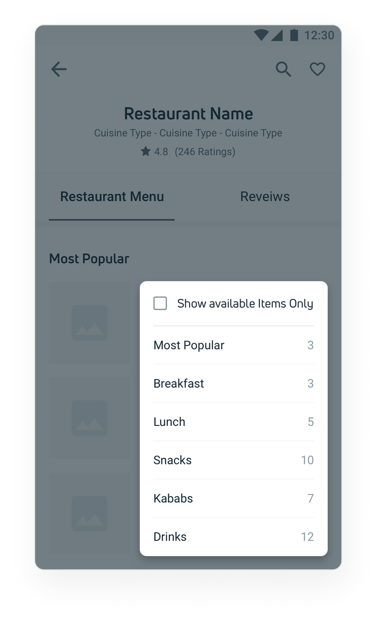 Menu wireframe