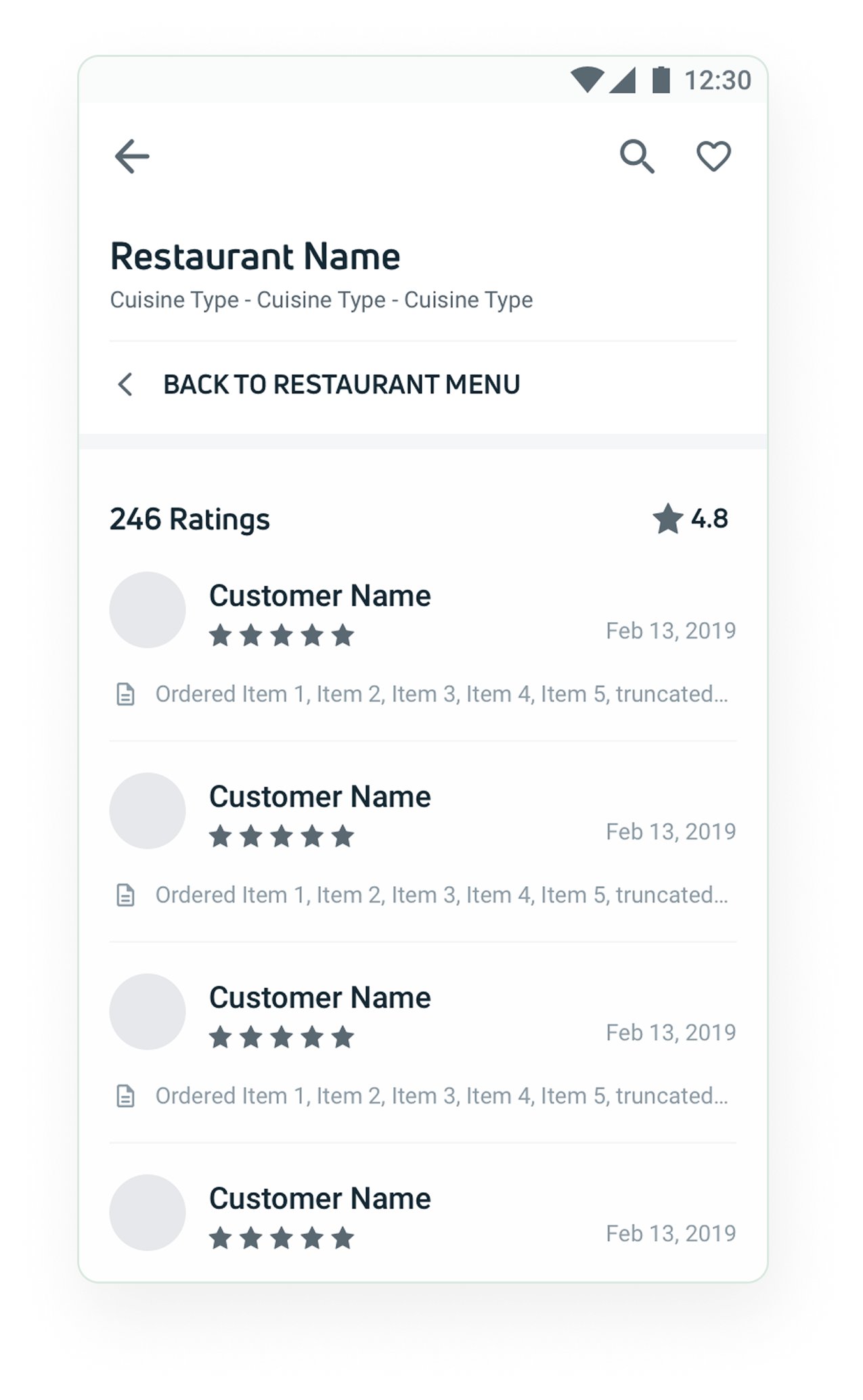 Reviews wireframe
