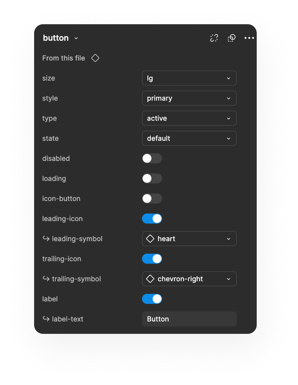 Button component properties panel in Figma — showing size, style, type, state, icon, and label controls
