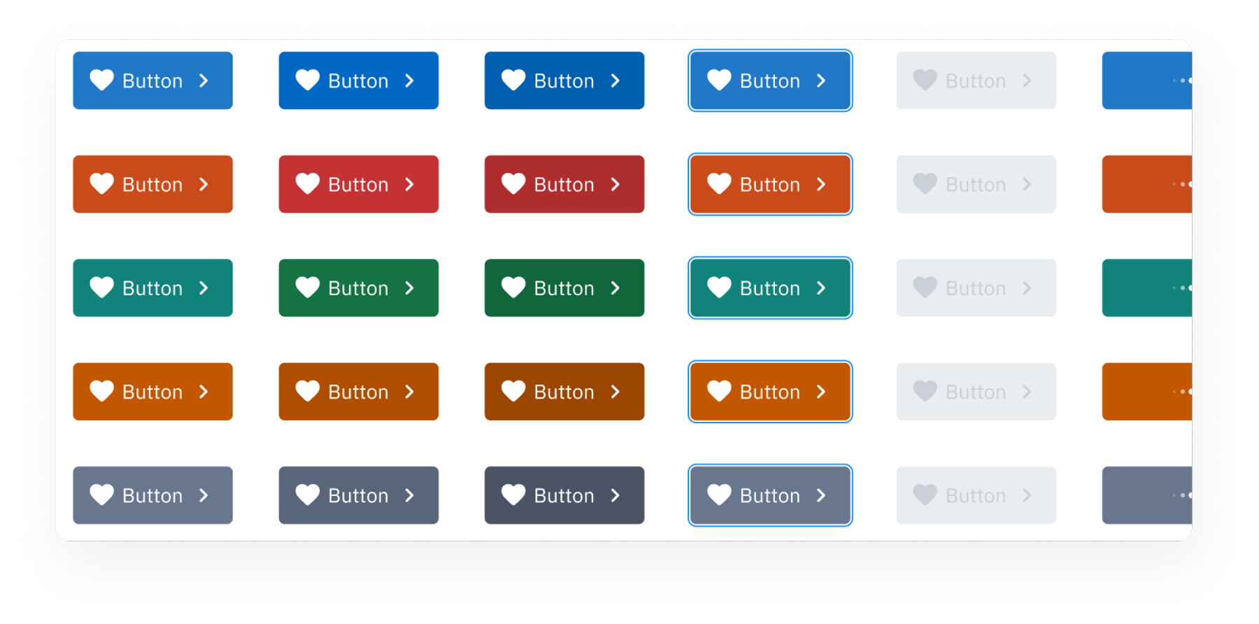 Button colour variants — showing primary, red, green, orange, and neutral colour themes across active, hover, pressed, focused, and disabled states