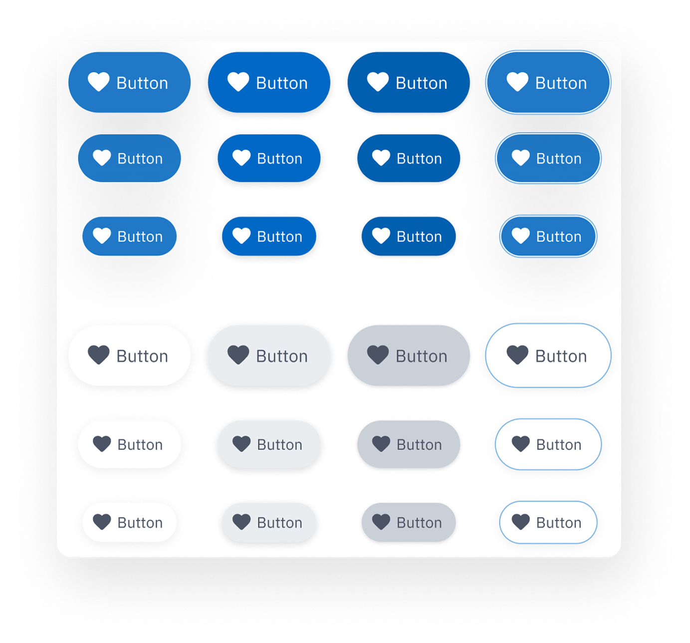 Button shape variants — filled and outline styles in pill and rounded shapes, light and dark modes