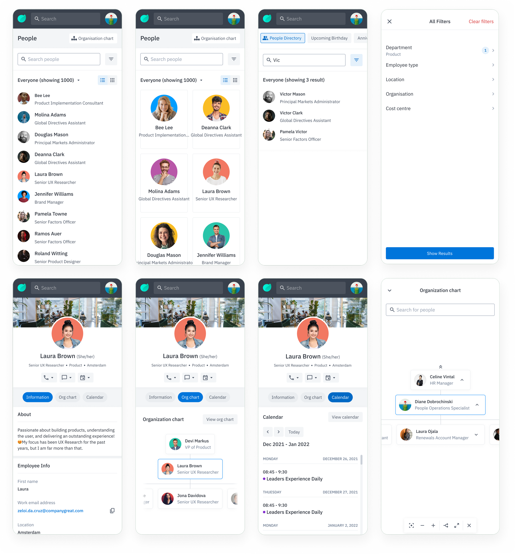 People Directory — responsive layout across mobile, tablet, and desktop