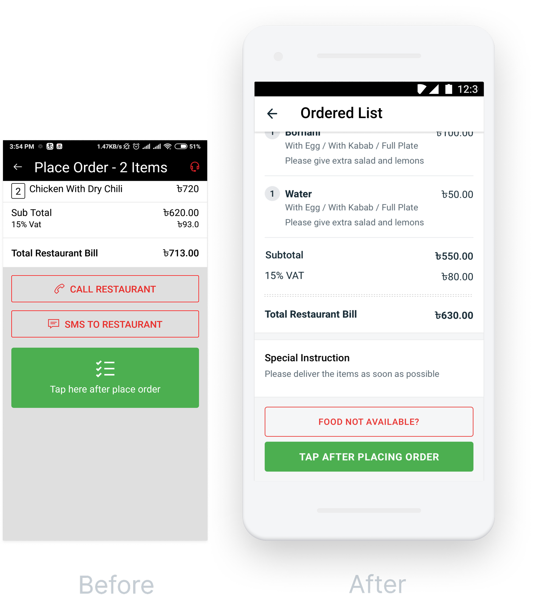 Ordered list screen — delivery queue with status indicators