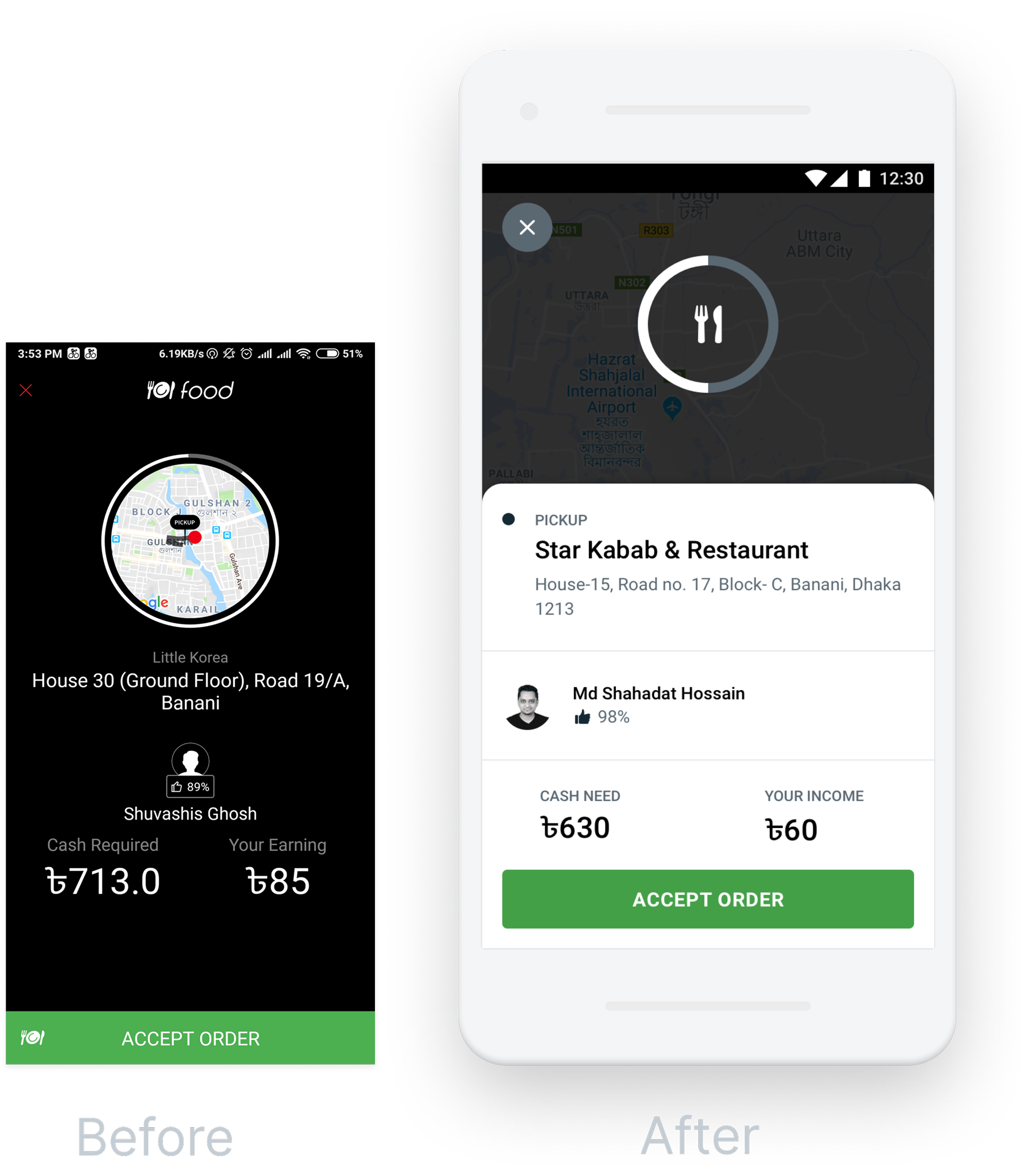 New request screen — order incoming card with key info